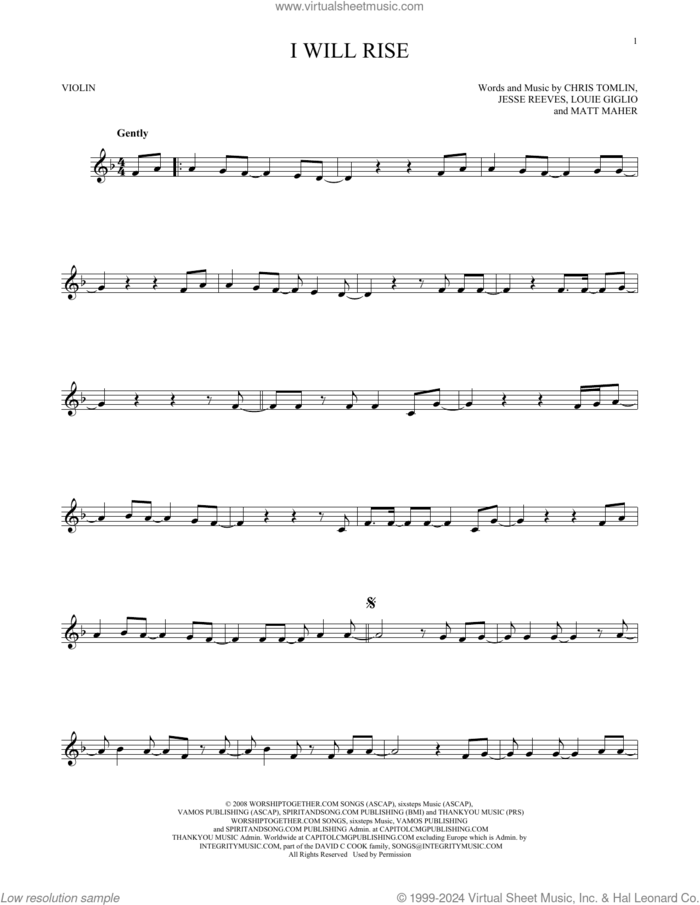 I Will Rise sheet music for violin solo by Chris Tomlin, Jesse Reeves, Louis Giglio and Matt Maher, intermediate skill level