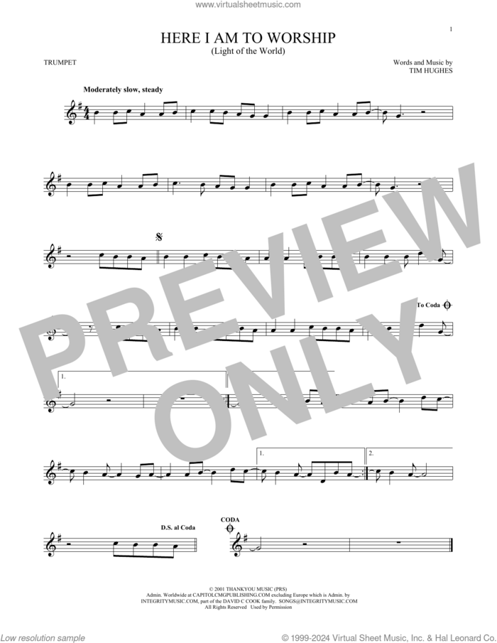 Here I Am To Worship (Light Of The World) sheet music for trumpet solo by Phillips, Craig & Dean and Tim Hughes, intermediate skill level