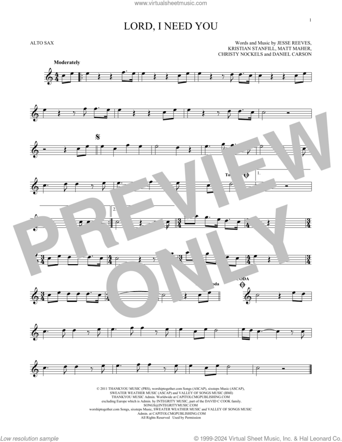 Lord, I Need You sheet music for alto saxophone solo by Matt Maher, Passion, Christy Nockels, Daniel Carson, Jesse Reeves and Kristian Stanfill, intermediate skill level