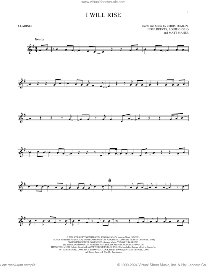 I Will Rise sheet music for clarinet solo by Chris Tomlin, Jesse Reeves, Louis Giglio and Matt Maher, intermediate skill level