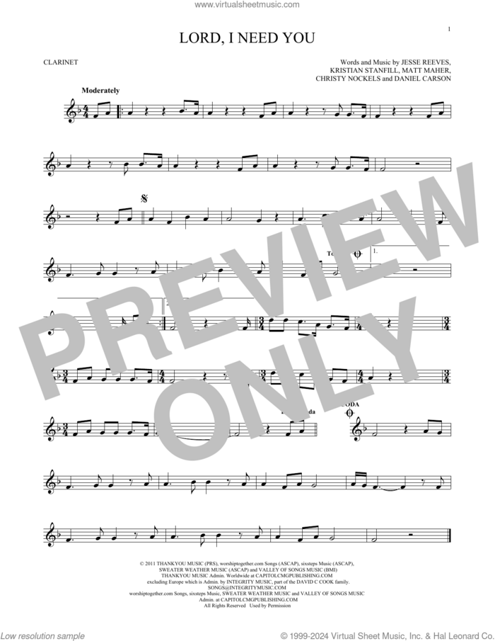Lord, I Need You sheet music for clarinet solo by Matt Maher, Passion, Christy Nockels, Daniel Carson, Jesse Reeves and Kristian Stanfill, intermediate skill level