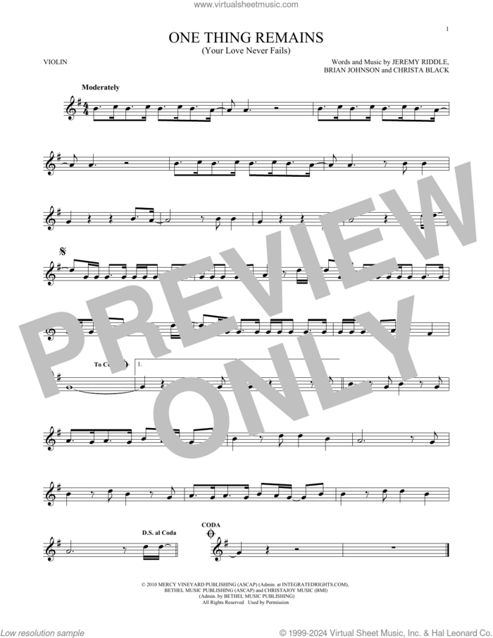 One Thing Remains (Your Love Never Fails) sheet music for violin solo by Passion & Kristian Stanfill, Brian Johnson, Christa Black and Jeremy Riddle, intermediate skill level
