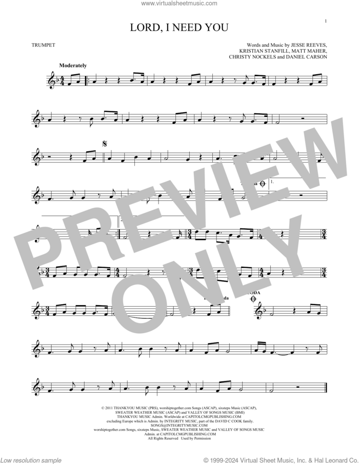 Lord, I Need You sheet music for trumpet solo by Matt Maher, Passion, Christy Nockels, Daniel Carson, Jesse Reeves and Kristian Stanfill, intermediate skill level
