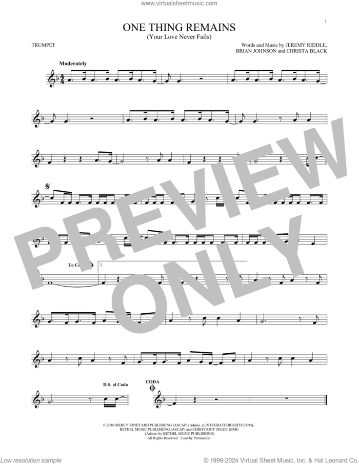 One Thing Remains (Your Love Never Fails) sheet music for trumpet solo by Passion & Kristian Stanfill, Brian Johnson, Christa Black and Jeremy Riddle, intermediate skill level