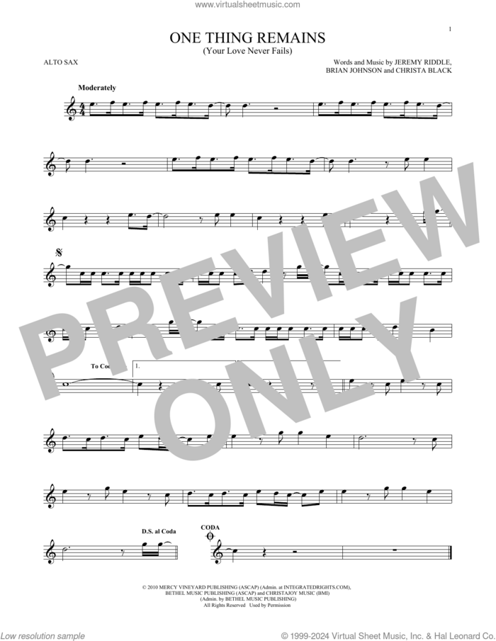 One Thing Remains (Your Love Never Fails) sheet music for alto saxophone solo by Passion & Kristian Stanfill, Brian Johnson, Christa Black and Jeremy Riddle, intermediate skill level
