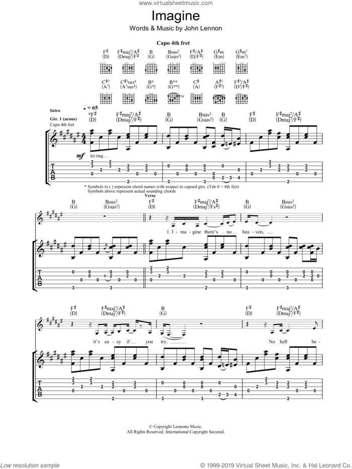 Imagine sheet music for guitar (tablature) by Eva Cassidy and John Lennon, intermediate skill level