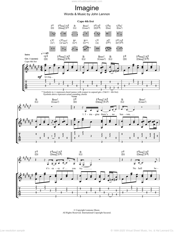 Imagine sheet music for guitar (tablature) by Eva Cassidy and John Lennon, intermediate skill level