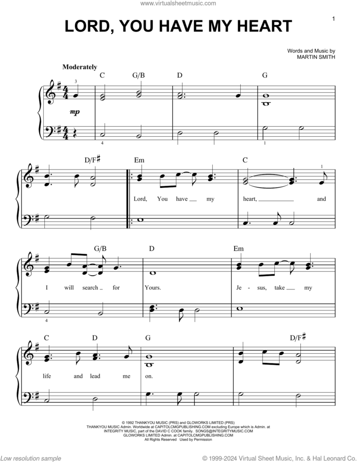 Lord, You Have My Heart, (easy) sheet music for piano solo by Delirious? and Martin Smith, easy skill level