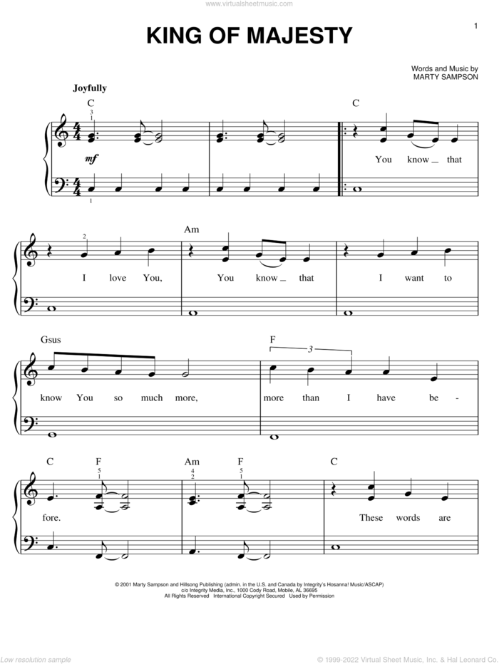 King Of Majesty sheet music for piano solo by Marty Sampson and Hillsong Worship, easy skill level