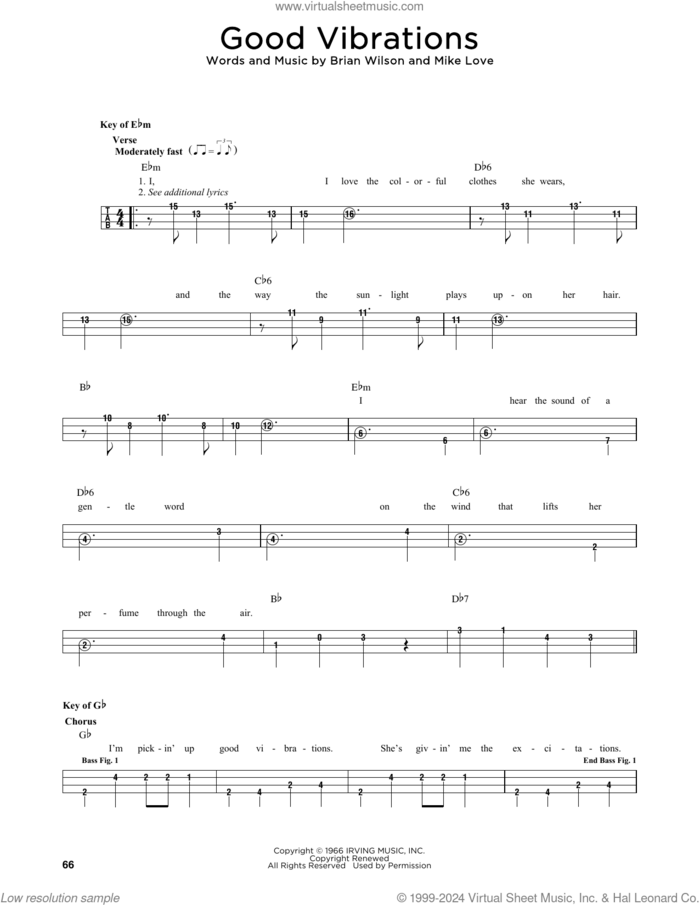 Good Vibrations sheet music for bass solo by The Beach Boys, Brian Wilson and Mike Love, intermediate skill level