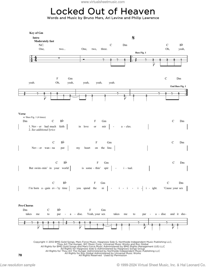 Locked Out Of Heaven sheet music for bass solo by Bruno Mars, Ari Levine and Philip Lawrence, intermediate skill level