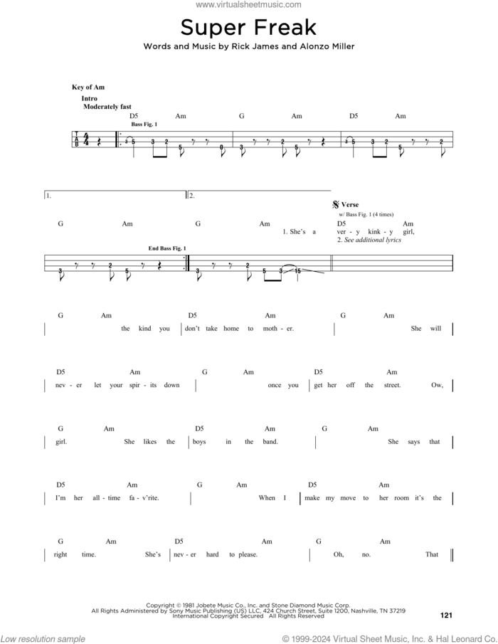 Super Freak sheet music for bass solo by Rick James and Alonzo Miller, intermediate skill level