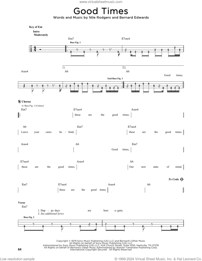 Good Times sheet music for bass solo by Chic, Bernard Edwards and Nile Rodgers, intermediate skill level