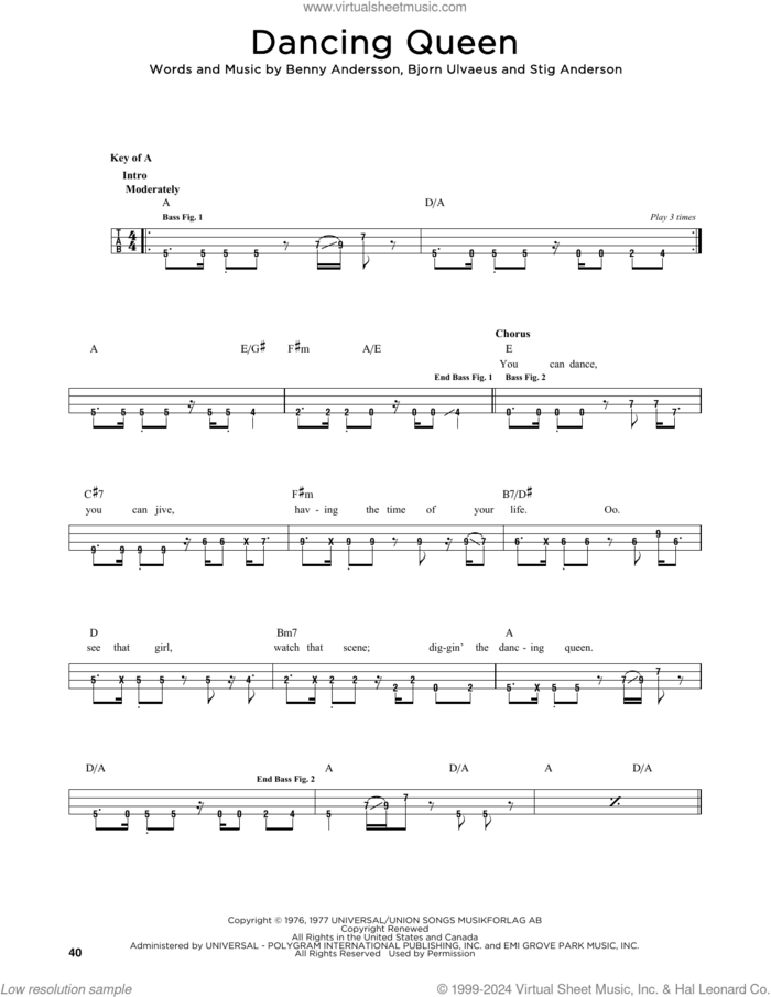 Dancing Queen sheet music for bass solo by ABBA, Benny Andersson, Bjorn Ulvaeus and Stig Anderson, intermediate skill level