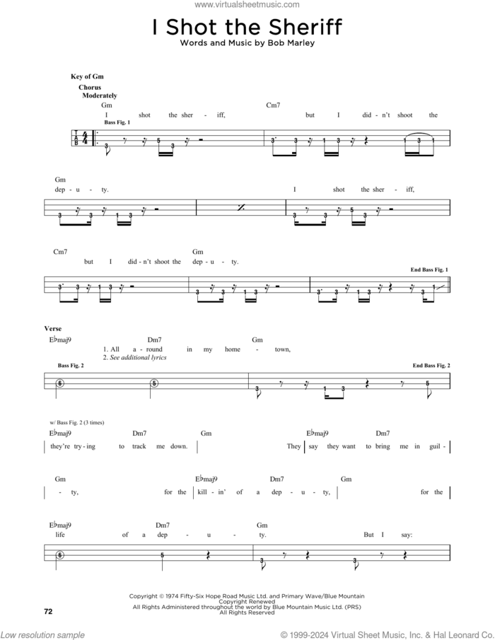 I Shot The Sheriff sheet music for bass solo by Bob Marley and Eric Clapton, intermediate skill level