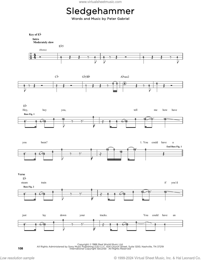 Sledgehammer sheet music for bass solo by Peter Gabriel, intermediate skill level
