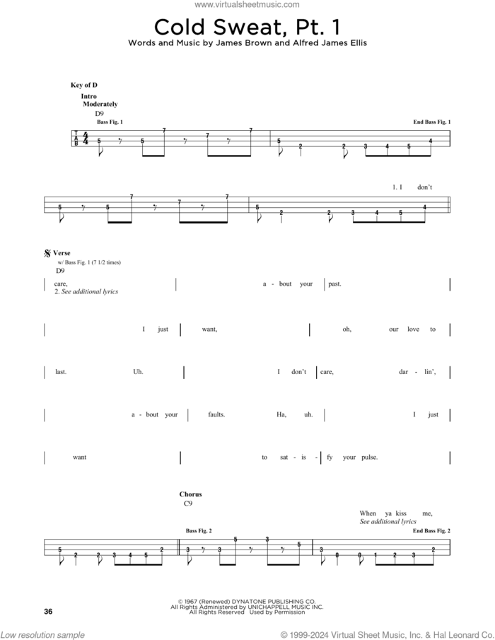 Cold Sweat, Pt. 1 sheet music for bass solo by James Brown and Alfred James Ellis, intermediate skill level