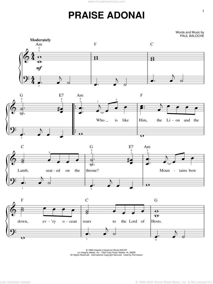 Praise Adonai sheet music for piano solo by Paul Baloche, easy skill level