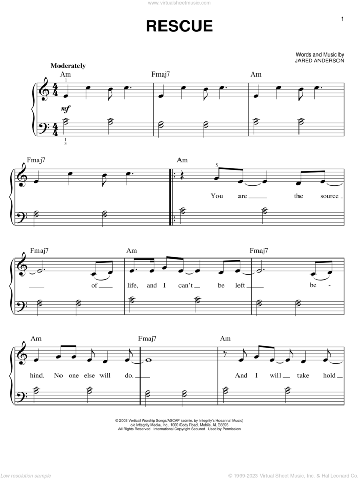 Rescue sheet music for piano solo by Jared Anderson, easy skill level