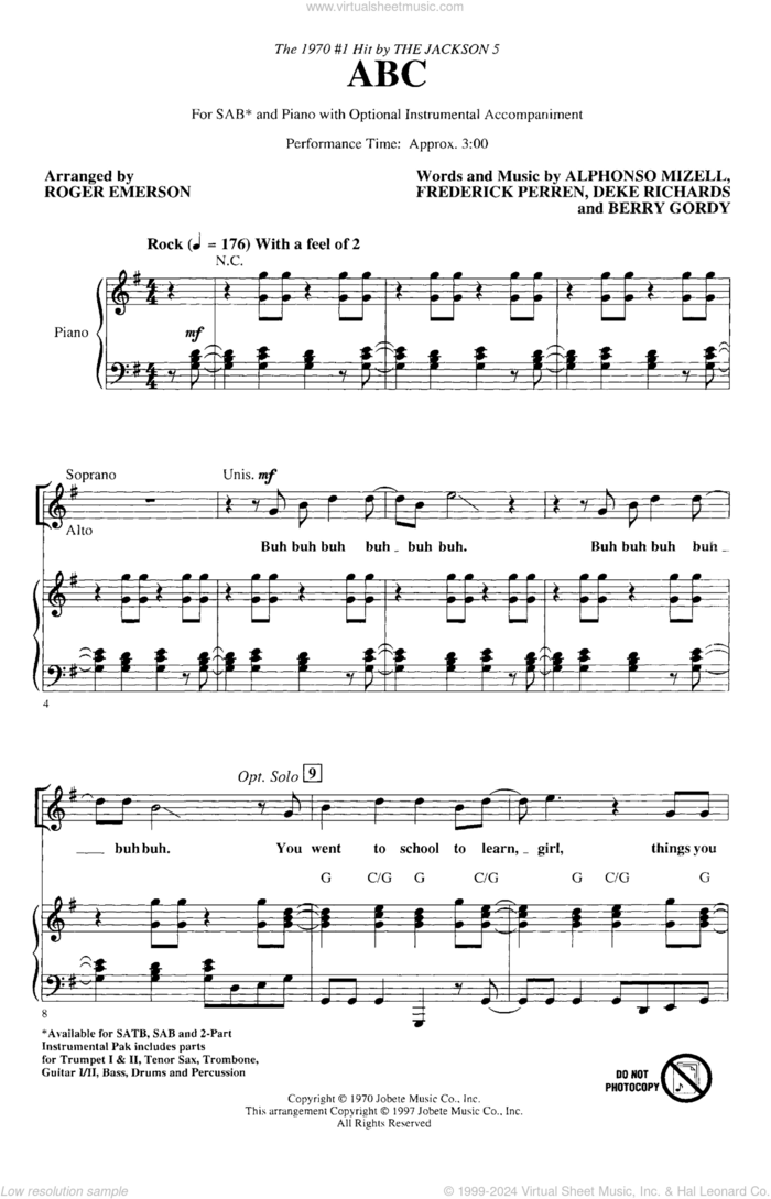 ABC (arr. Roger Emerson) sheet music for choir (SAB: soprano, alto, bass) by Berry Gordy, Alphonso Mizell, Deke Richards, Frederick Perren, Roger Emerson and The Jackson 5, intermediate skill level