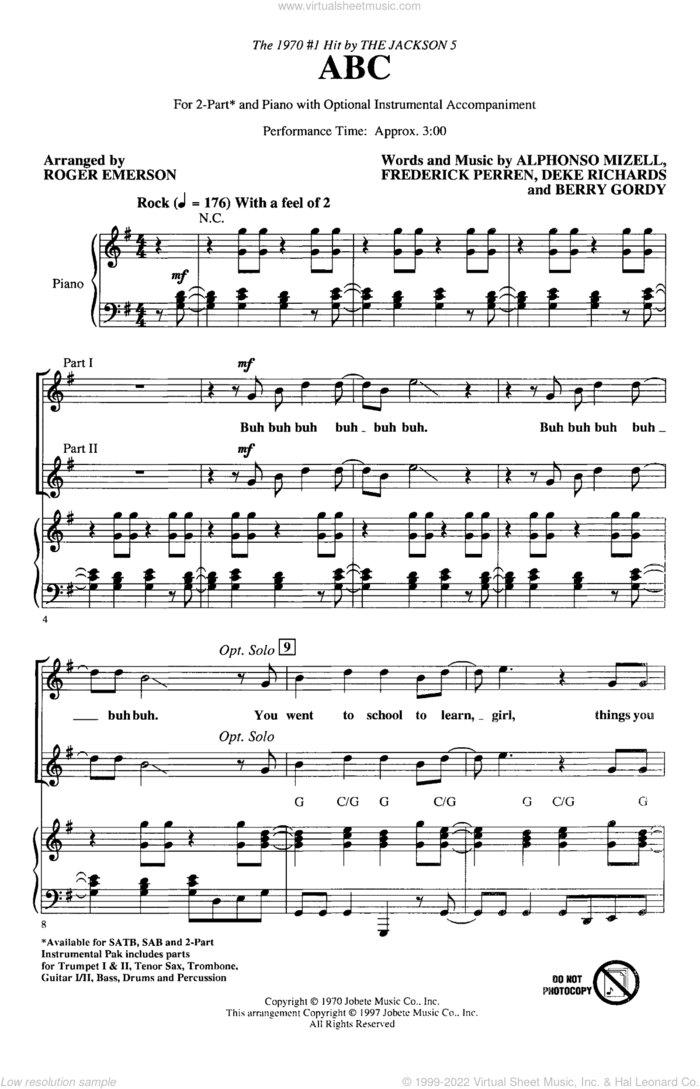 ABC (arr. Roger Emerson) sheet music for choir (2-Part) by Berry Gordy, Alphonso Mizell, Deke Richards, Frederick Perren, Roger Emerson and The Jackson 5, intermediate duet