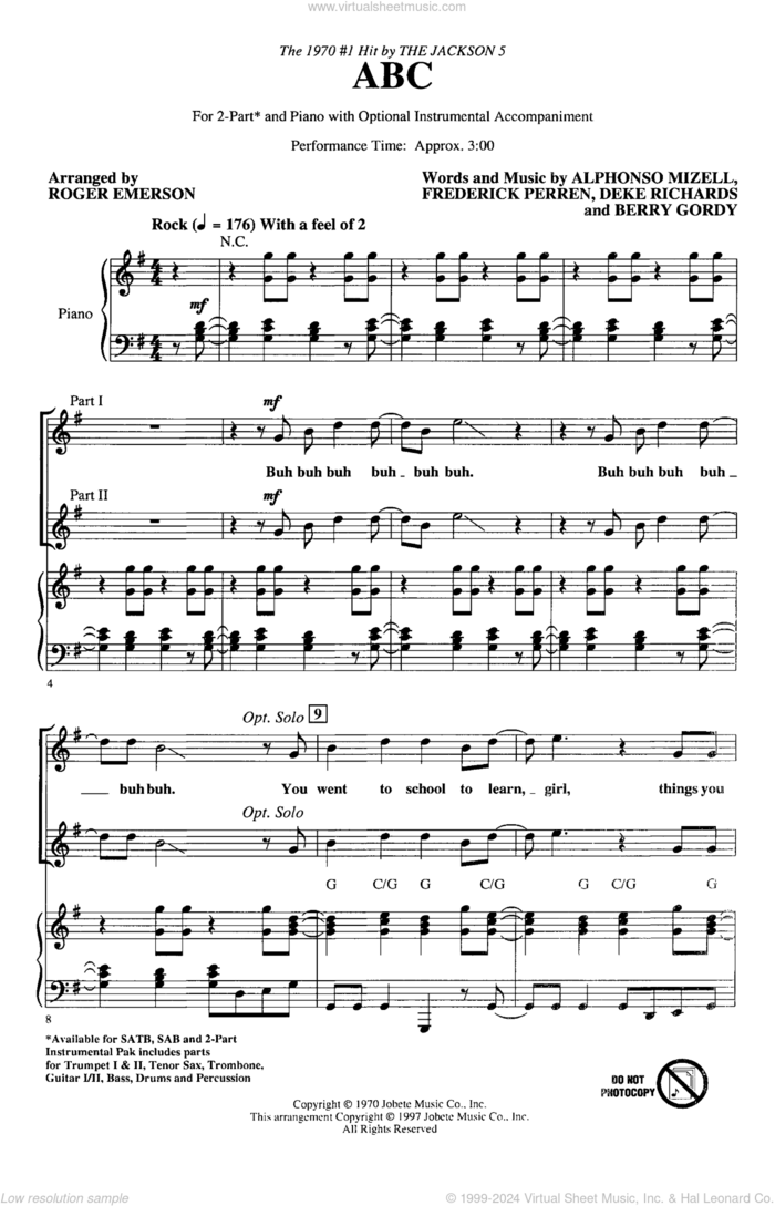 ABC (arr. Roger Emerson) sheet music for choir (2-Part) by Berry Gordy, Alphonso Mizell, Deke Richards, Frederick Perren, Roger Emerson and The Jackson 5, intermediate duet