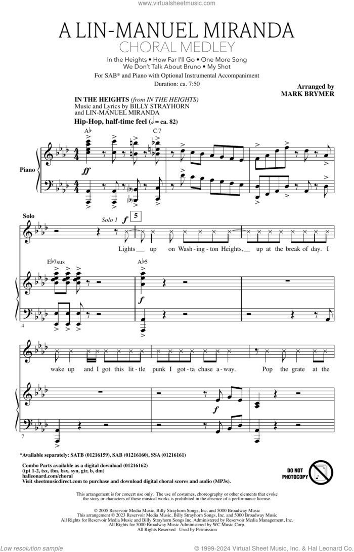 A Lin-Manuel Miranda Choral Medley (arr. Mark Brymer) sheet music for choir (SAB: soprano, alto, bass) by Lin-Manuel Miranda and Mark Brymer, intermediate skill level