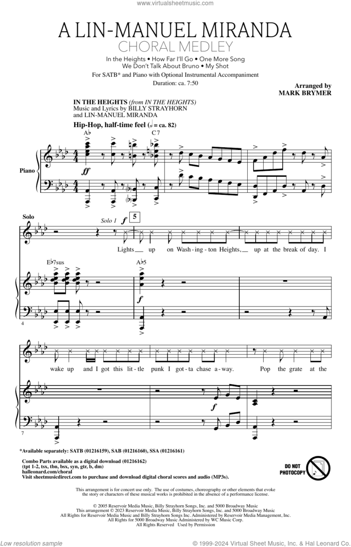 A Lin-Manuel Miranda Choral Medley (arr. Mark Brymer) sheet music for choir (SATB: soprano, alto, tenor, bass) by Lin-Manuel Miranda and Mark Brymer, intermediate skill level