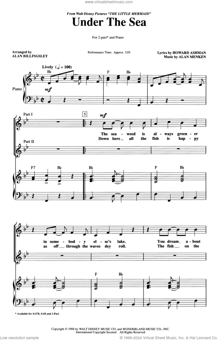 Under The Sea (from The Little Mermaid) (arr. Alan Billingsley) sheet music for choir (2-Part) by Alan Menken, Alan Billingsley and Howard Ashman, intermediate duet