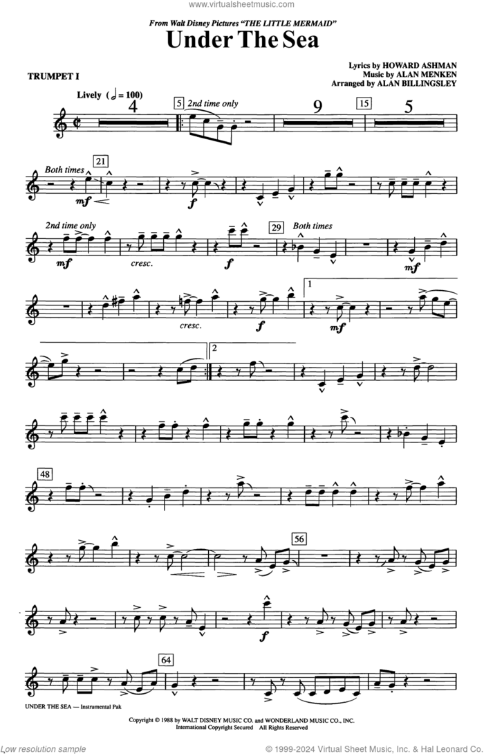 Under The Sea (arr. Alan Billingsley) sheet music for orchestra/band (trumpet 1) by Alan Menken, Alan Billingsley and Howard Ashman, intermediate skill level