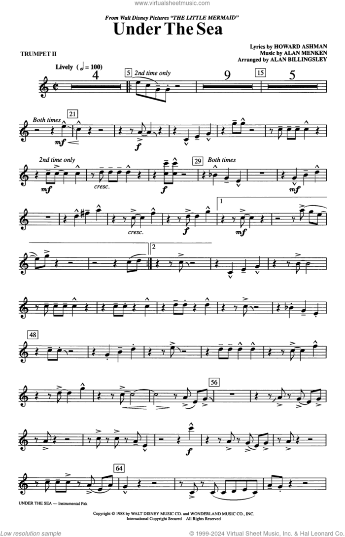 Under The Sea (arr. Alan Billingsley) sheet music for orchestra/band (trumpet 2) by Alan Menken, Alan Billingsley and Howard Ashman, intermediate skill level