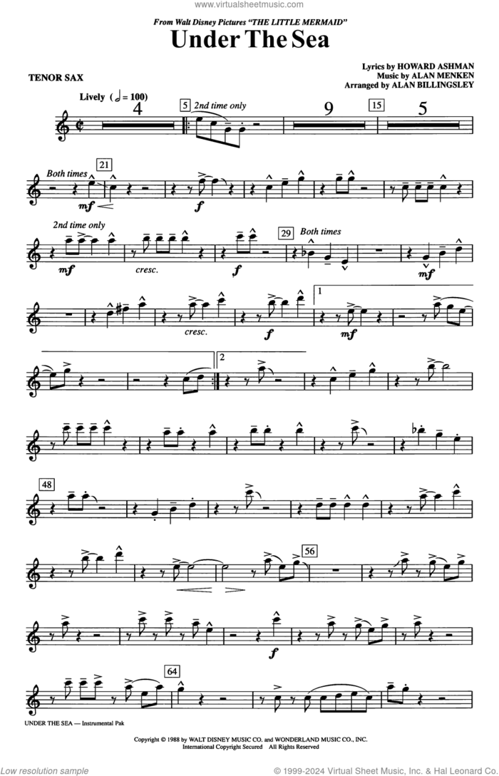 Under The Sea (arr. Alan Billingsley) sheet music for orchestra/band (tenor sax) by Alan Menken, Alan Billingsley and Howard Ashman, intermediate skill level