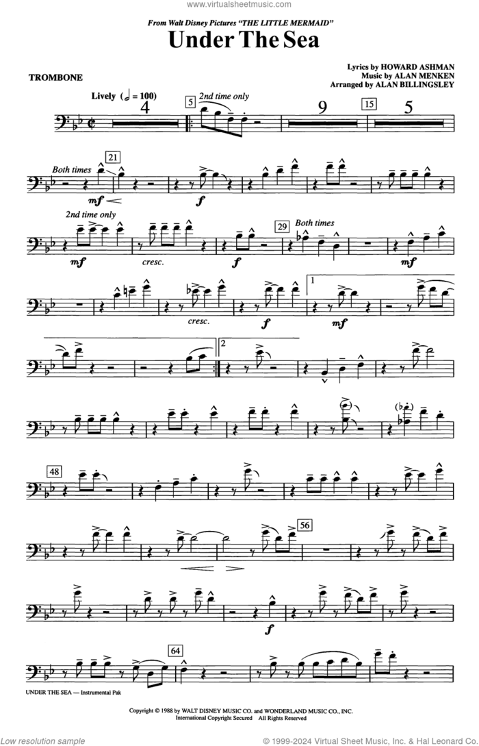 Under The Sea (arr. Alan Billingsley) sheet music for orchestra/band (trombone) by Alan Menken, Alan Billingsley and Howard Ashman, intermediate skill level