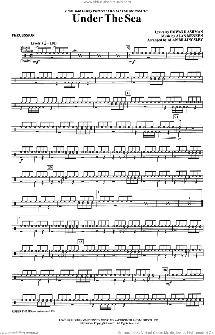 Under The Sea (arr. Alan Billingsley) sheet music for orchestra/band (percussion) by Alan Menken, Alan Billingsley and Howard Ashman, intermediate skill level