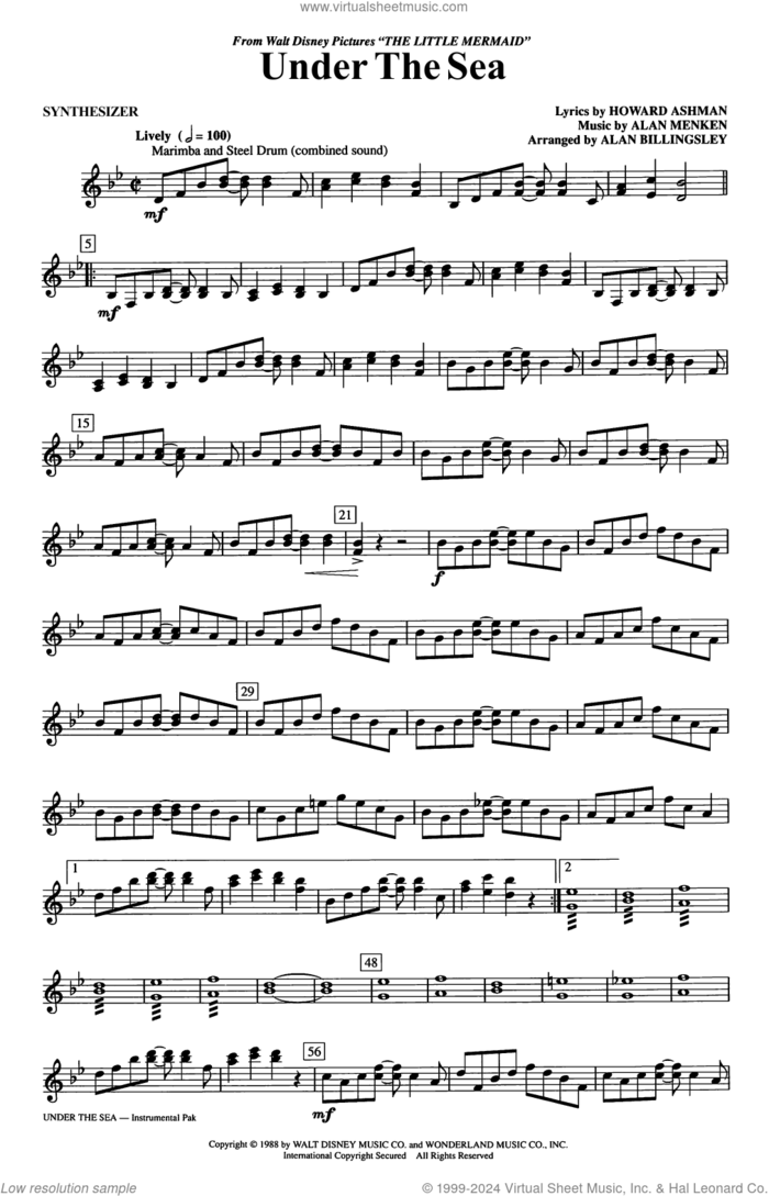 Under The Sea (arr. Alan Billingsley) sheet music for orchestra/band (synthesizer) by Alan Menken, Alan Billingsley and Howard Ashman, intermediate skill level