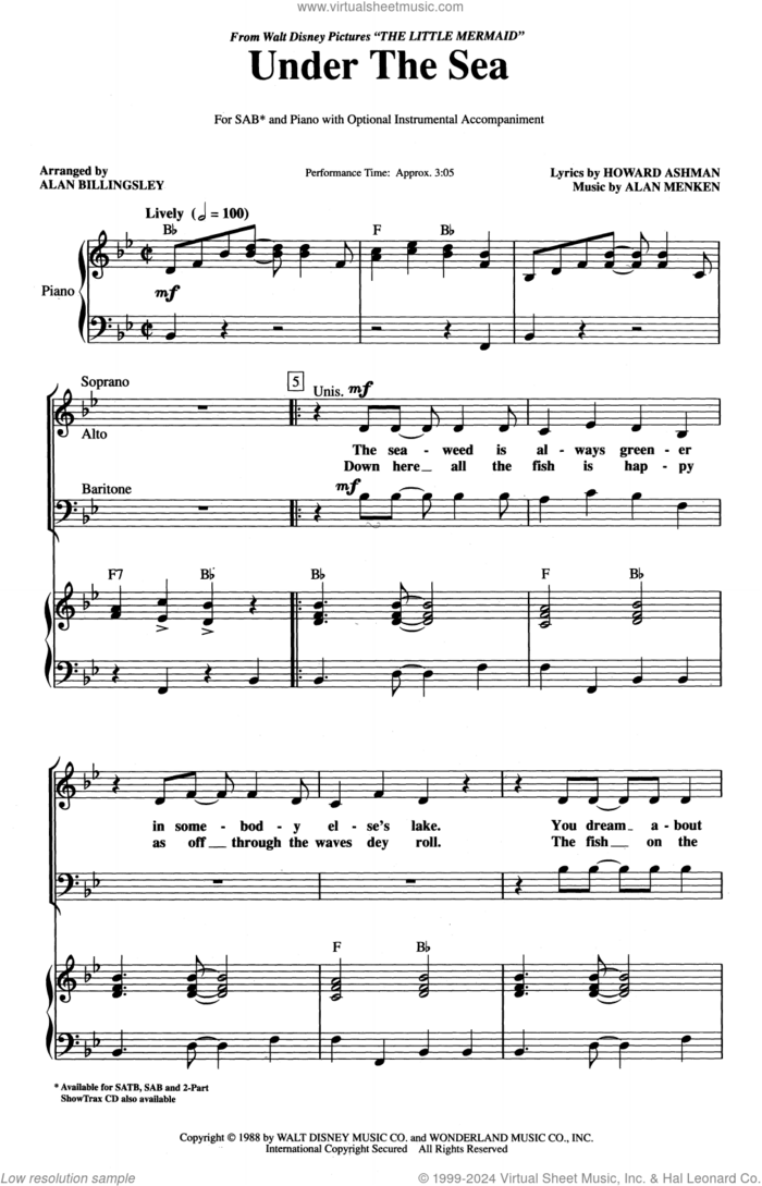 Under The Sea (from The Little Mermaid) (arr. Alan Billingsley) sheet music for choir (SAB: soprano, alto, bass) by Alan Menken, Alan Billingsley and Howard Ashman, intermediate skill level