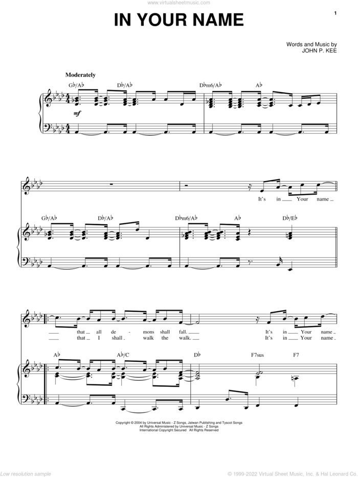 In Your Name sheet music for voice, piano or guitar by John P. Kee, intermediate skill level