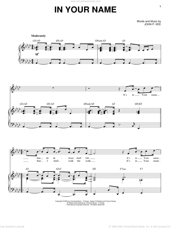 In Your Name sheet music for voice, piano or guitar by John P. Kee, intermediate skill level