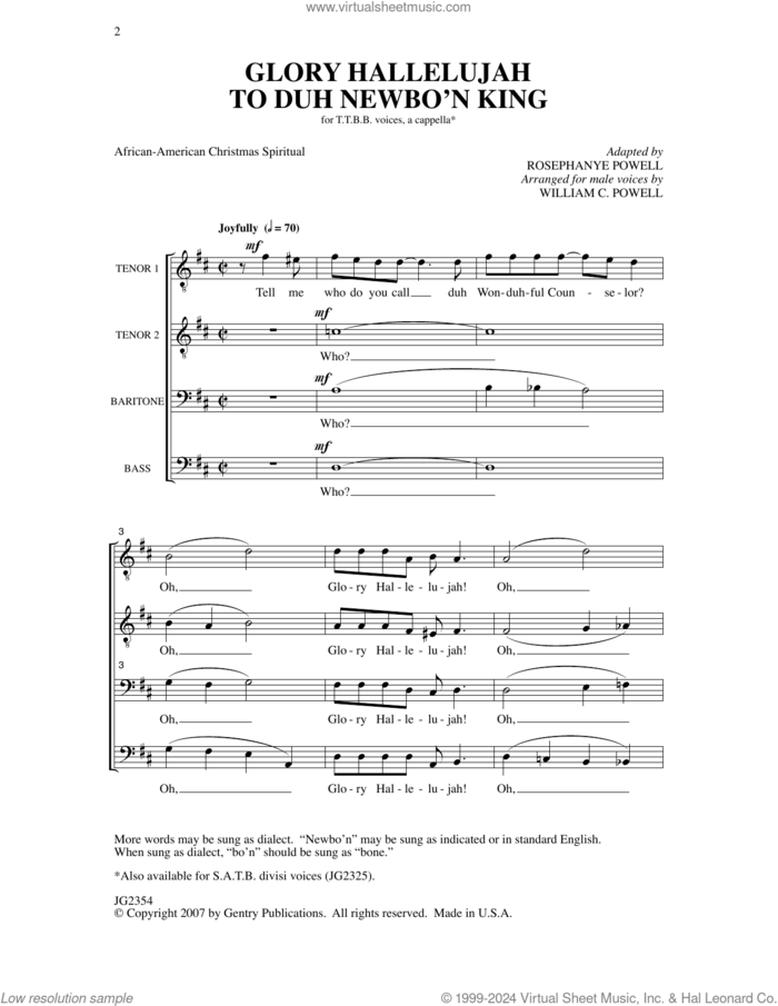 Glory Hallelujah To Duh Newbo'n King! sheet music for choir (TTBB: tenor, bass) by William Powell and Miscellaneous, intermediate skill level