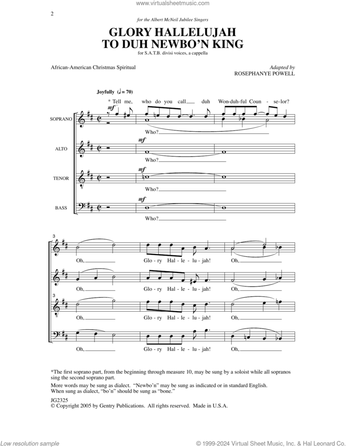 Glory Hallelujah To Duh Newbo'n King! sheet music for choir (SATB: soprano, alto, tenor, bass) by Rosephanye Powell, intermediate skill level
