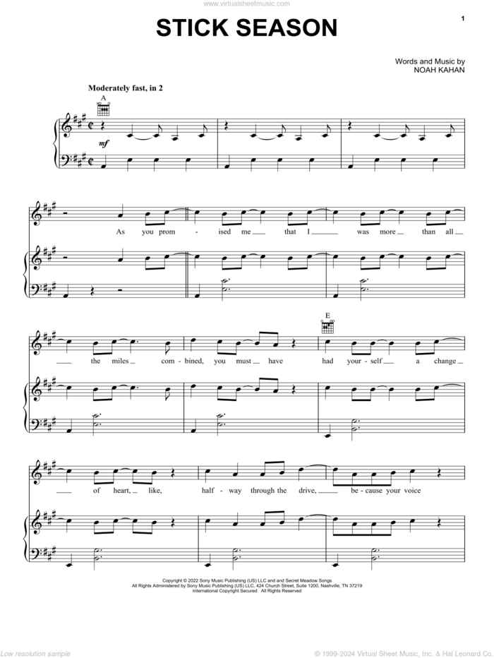 Stick Season sheet music for voice, piano or guitar by Noah Kahan, intermediate skill level