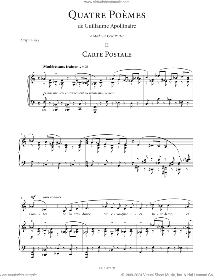 Carte postale (Low Voice) sheet music for voice and piano (Low Voice) by Francis Poulenc and Guillaume Apollinaire, classical score, intermediate skill level