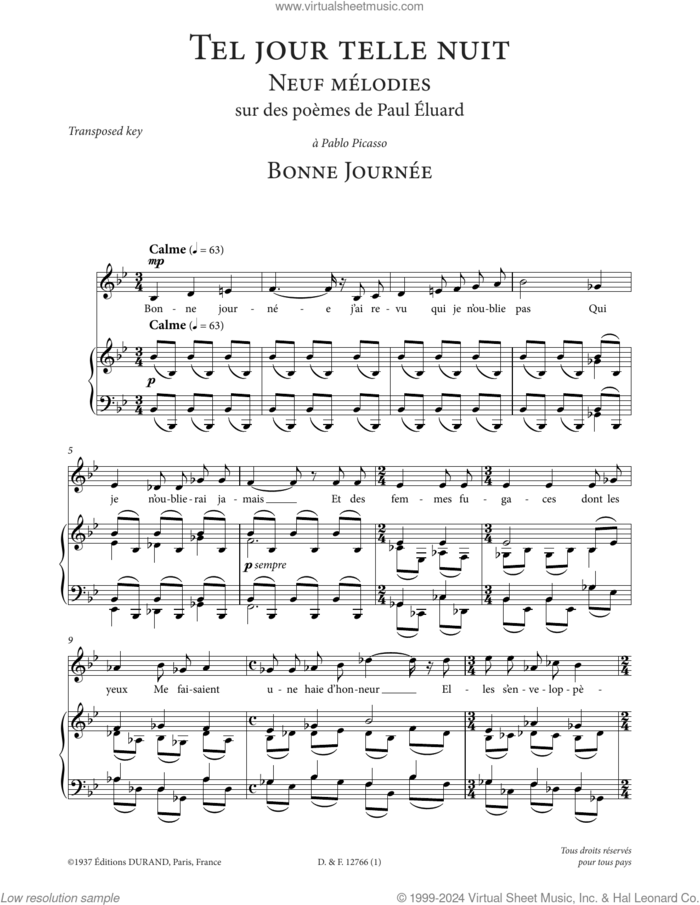Bonne journee (Low Voice) sheet music for voice and piano (Low Voice) by Francis Poulenc and Paul Eluard, classical score, intermediate skill level