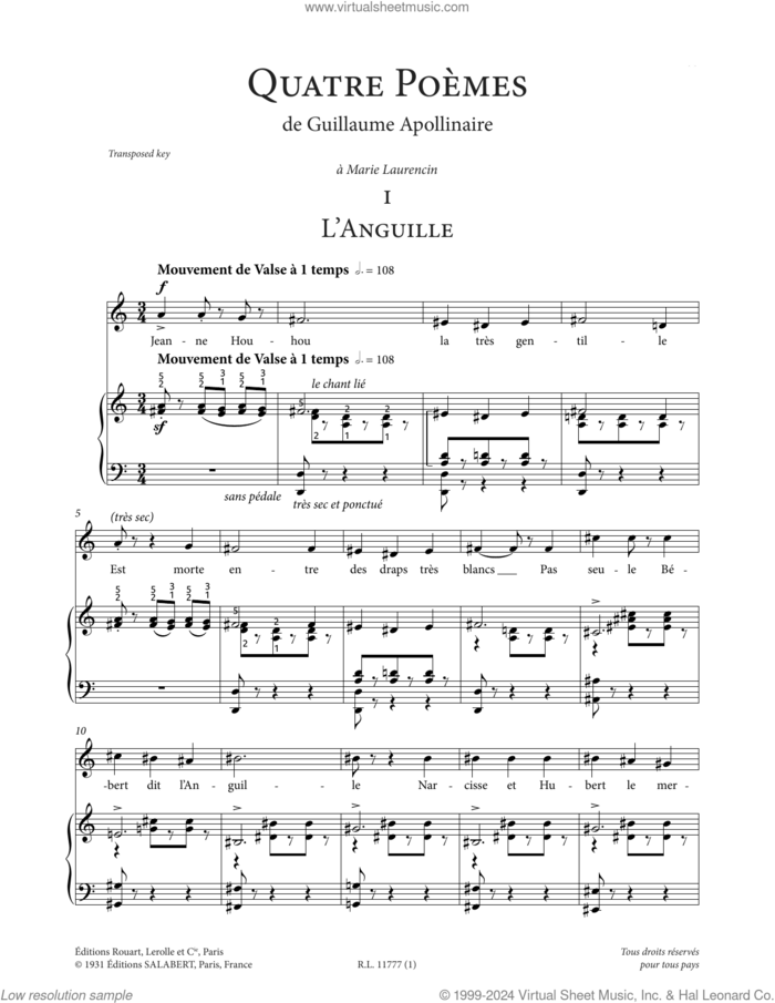 L'Anguille (High Voice) sheet music for voice and piano (High Voice) by Francis Poulenc and Guillaume Apollinaire, classical score, intermediate skill level