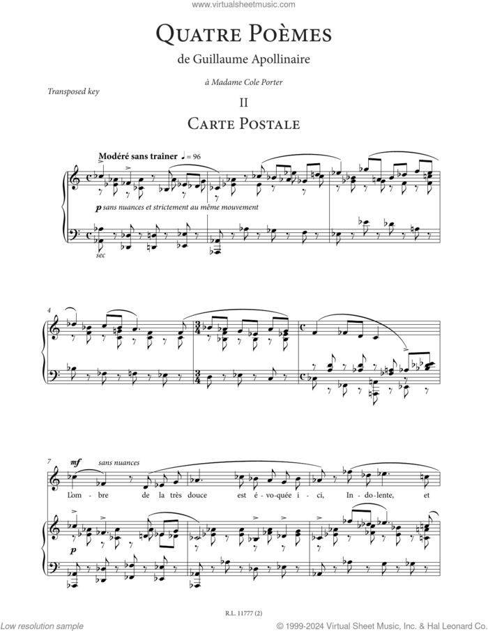 Carte postale (High Voice) sheet music for voice and piano (High Voice) by Francis Poulenc and Guillaume Apollinaire, classical score, intermediate skill level