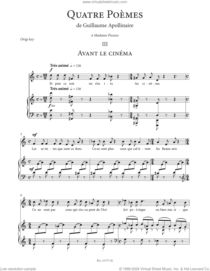Avant le cinema (Low Voice) sheet music for voice and piano (Low Voice) by Francis Poulenc and Guillaume Apollinaire, classical score, intermediate skill level