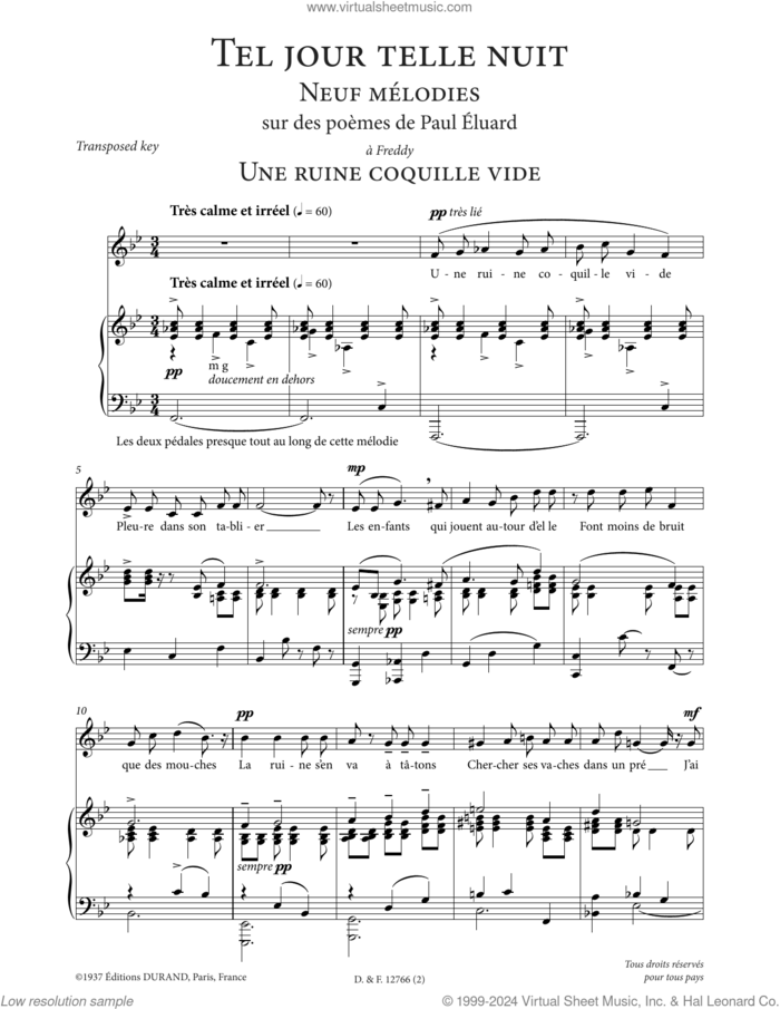 Une ruine coquille vide (Low Voice) sheet music for voice and piano (Low Voice) by Francis Poulenc and Paul Eluard, classical score, intermediate skill level