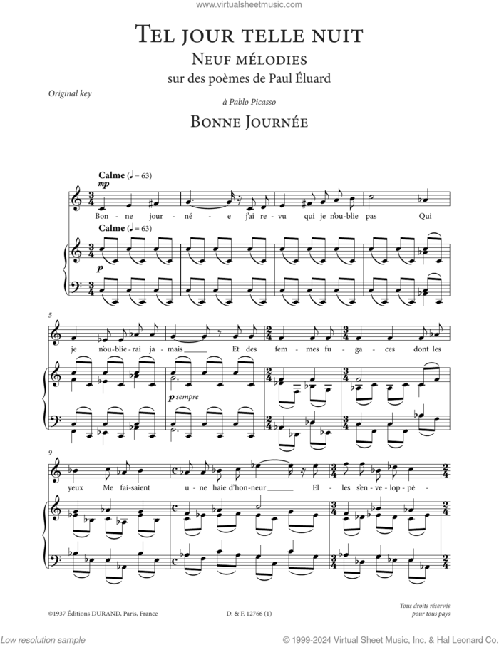 Bonne journee (High Voice) sheet music for voice and piano (High Voice) by Francis Poulenc and Paul Eluard, classical score, intermediate skill level