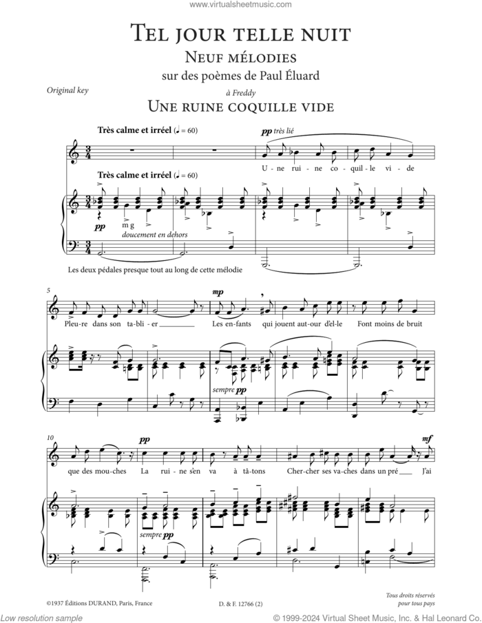 Une ruine coquille vide (High Voice) sheet music for voice and piano (High Voice) by Francis Poulenc and Paul Eluard, classical score, intermediate skill level