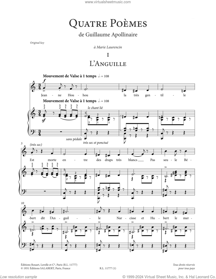 L'Anguille (Low Voice) sheet music for voice and piano (Low Voice) by Francis Poulenc and Guillaume Apollinaire, classical score, intermediate skill level